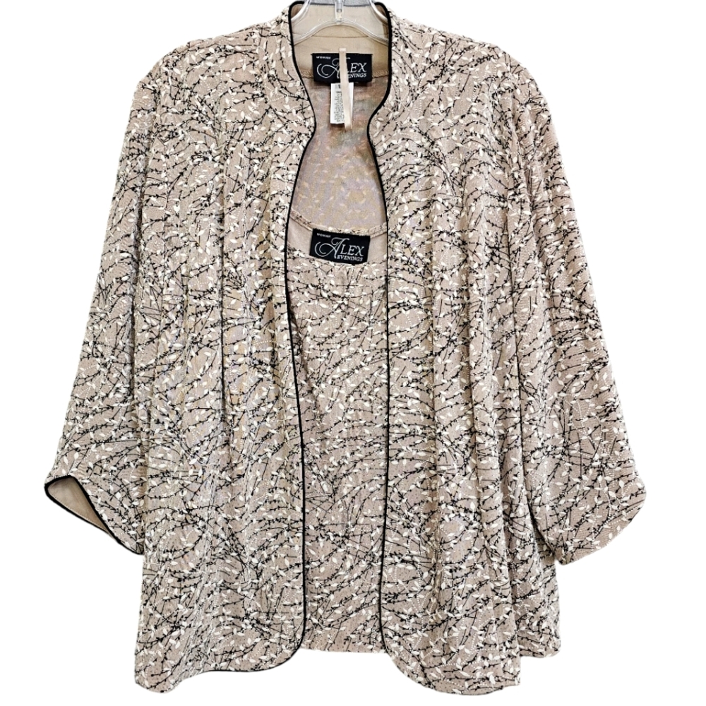 Nwot Alex Evenings Woman Tan/Creme/Black Silver Sparkle 2 pc Knit Top